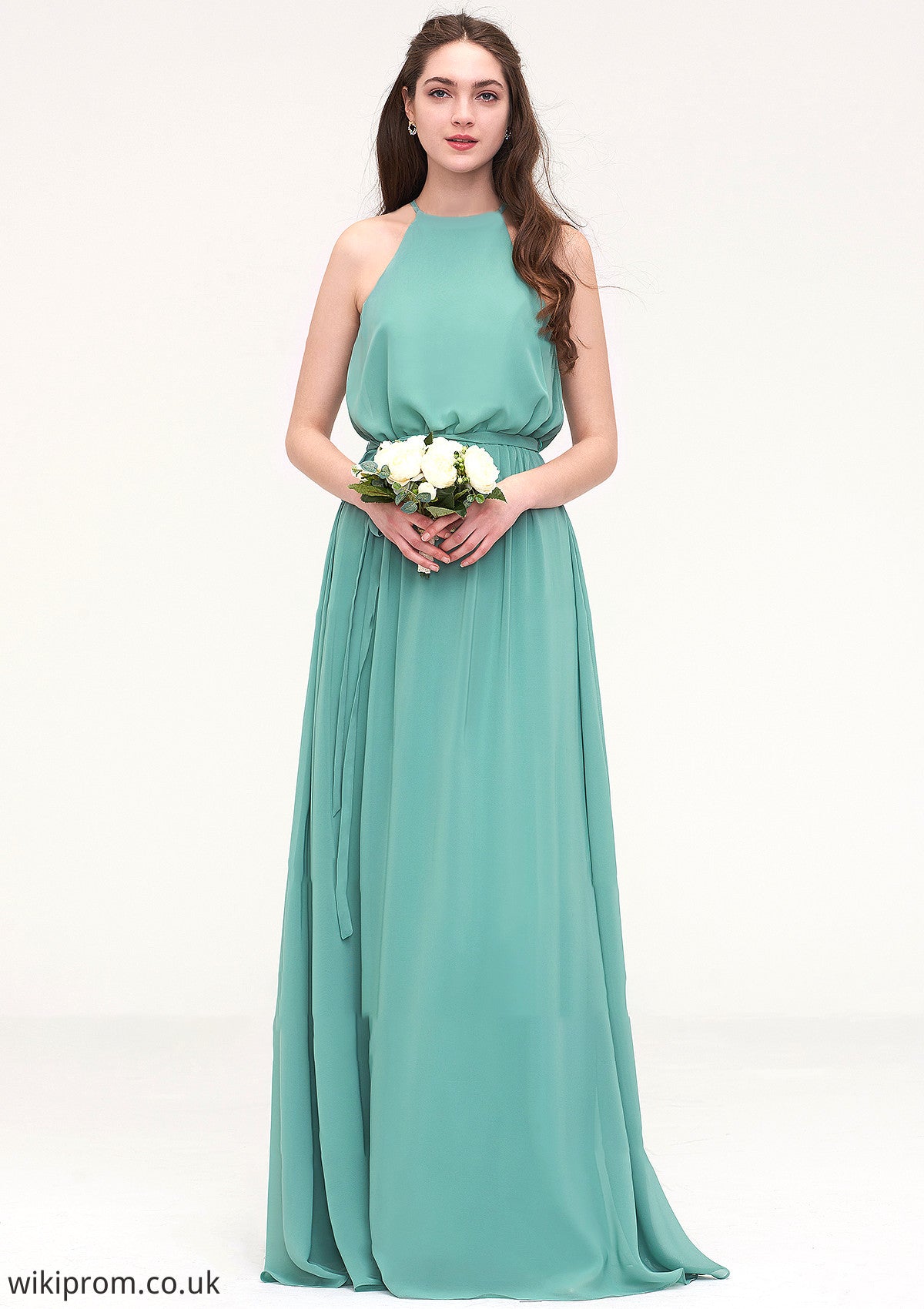 High-Neck Sleeveless Long/Floor-Length Chiffon A-line/Princess Bridesmaid Dresses With Sashes Karen SWKP0025485