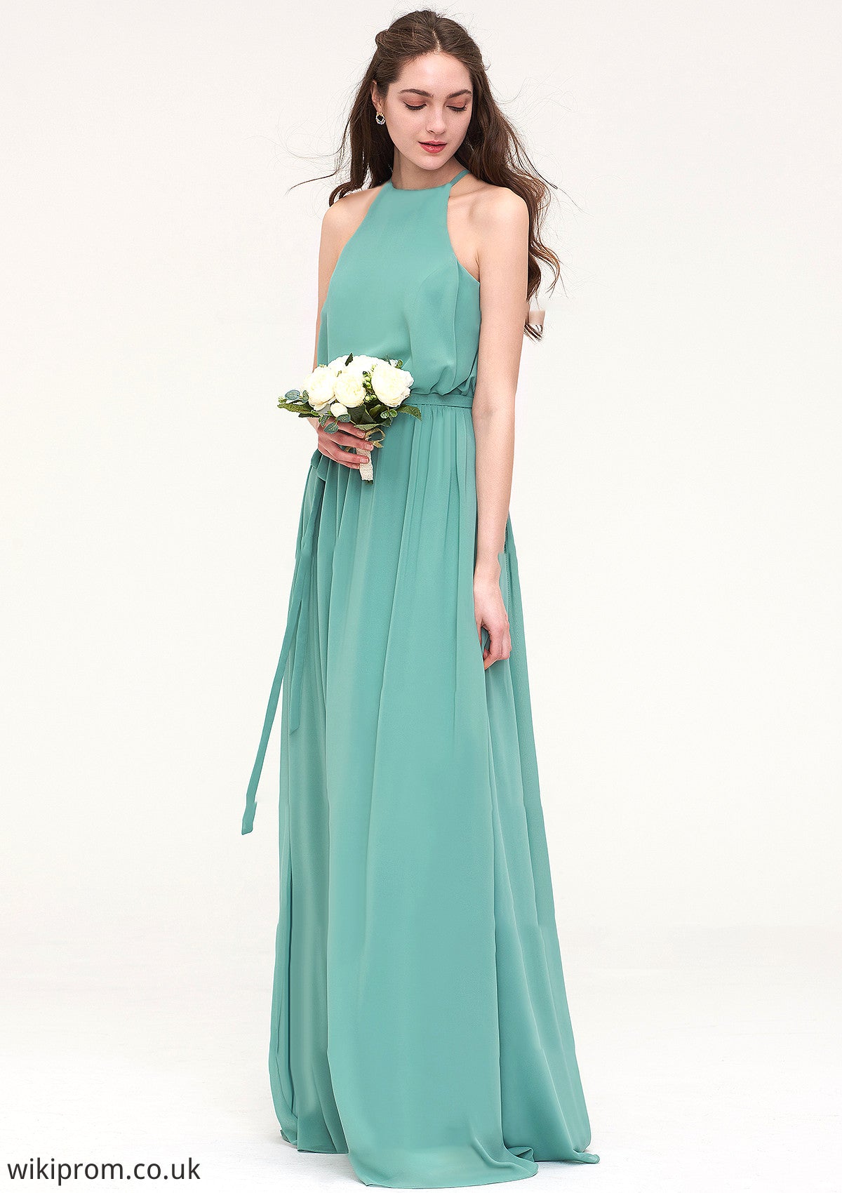 High-Neck Sleeveless Long/Floor-Length Chiffon A-line/Princess Bridesmaid Dresses With Sashes Karen SWKP0025485