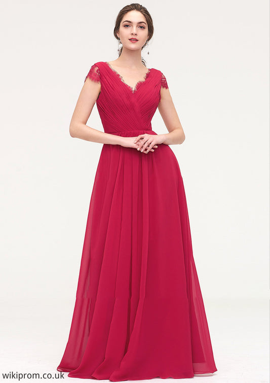 Sleeveless V Neck Long/Floor-Length Chiffon A-line/Princess Bridesmaid Dresses With Lace Pleated Amber SWKP0025486