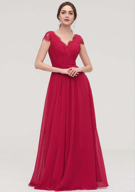 Sleeveless V Neck Long/Floor-Length Chiffon A-line/Princess Bridesmaid Dresses With Lace Pleated Liz DUP0025486