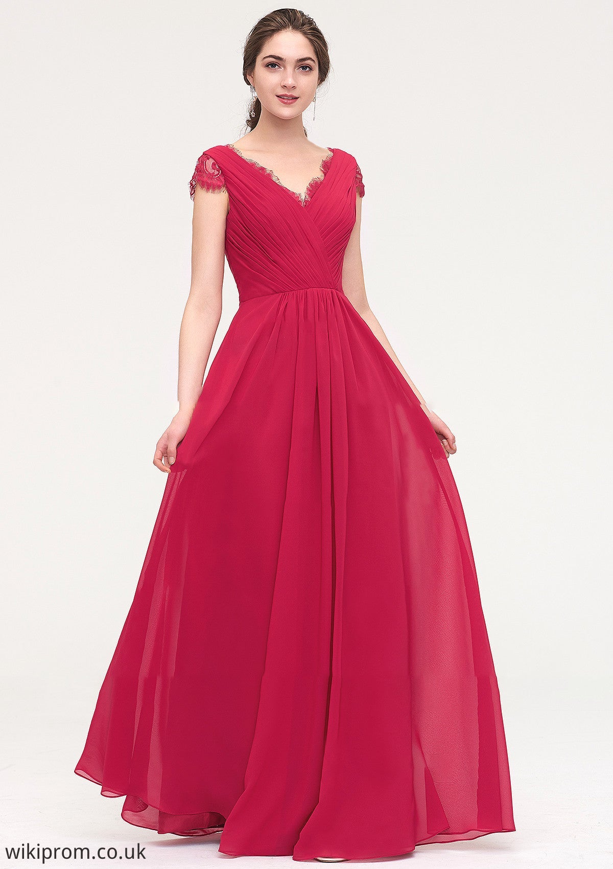 Sleeveless V Neck Long/Floor-Length Chiffon A-line/Princess Bridesmaid Dresses With Lace Pleated Amber SWKP0025486