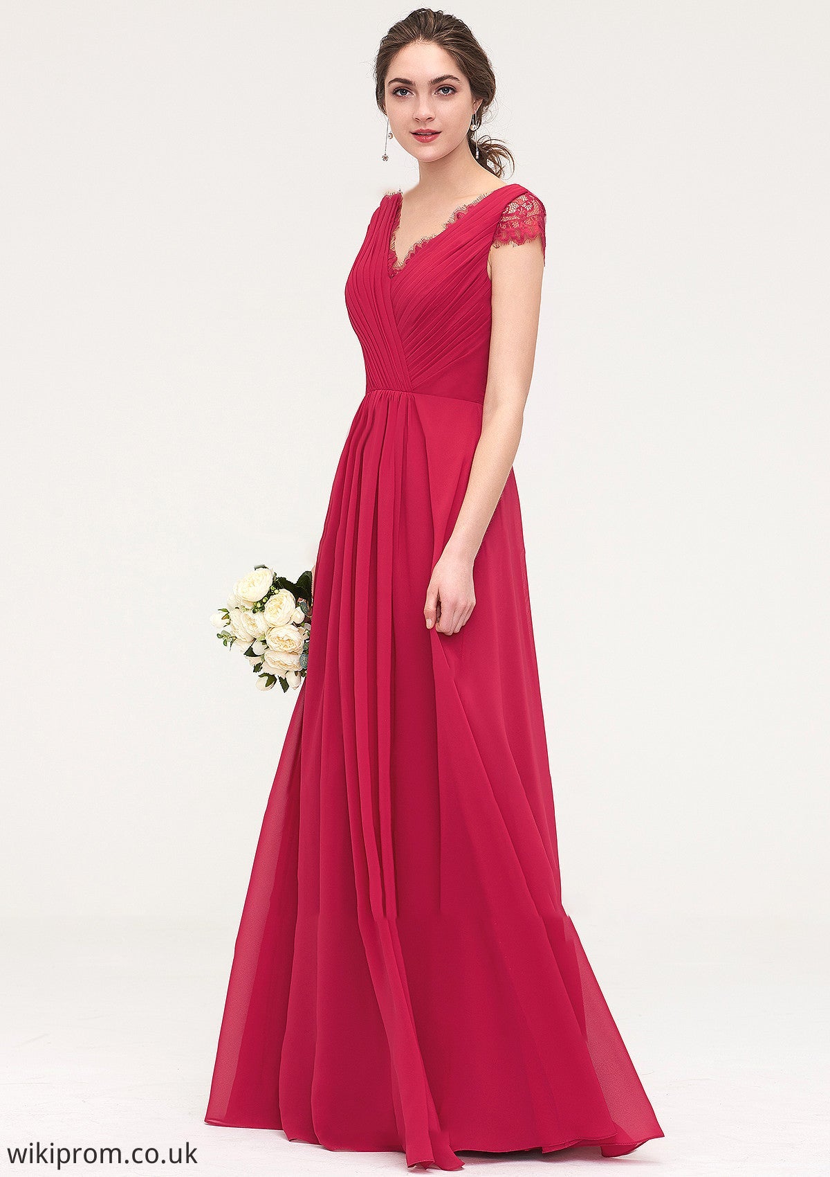 Sleeveless V Neck Long/Floor-Length Chiffon A-line/Princess Bridesmaid Dresses With Lace Pleated Amber SWKP0025486