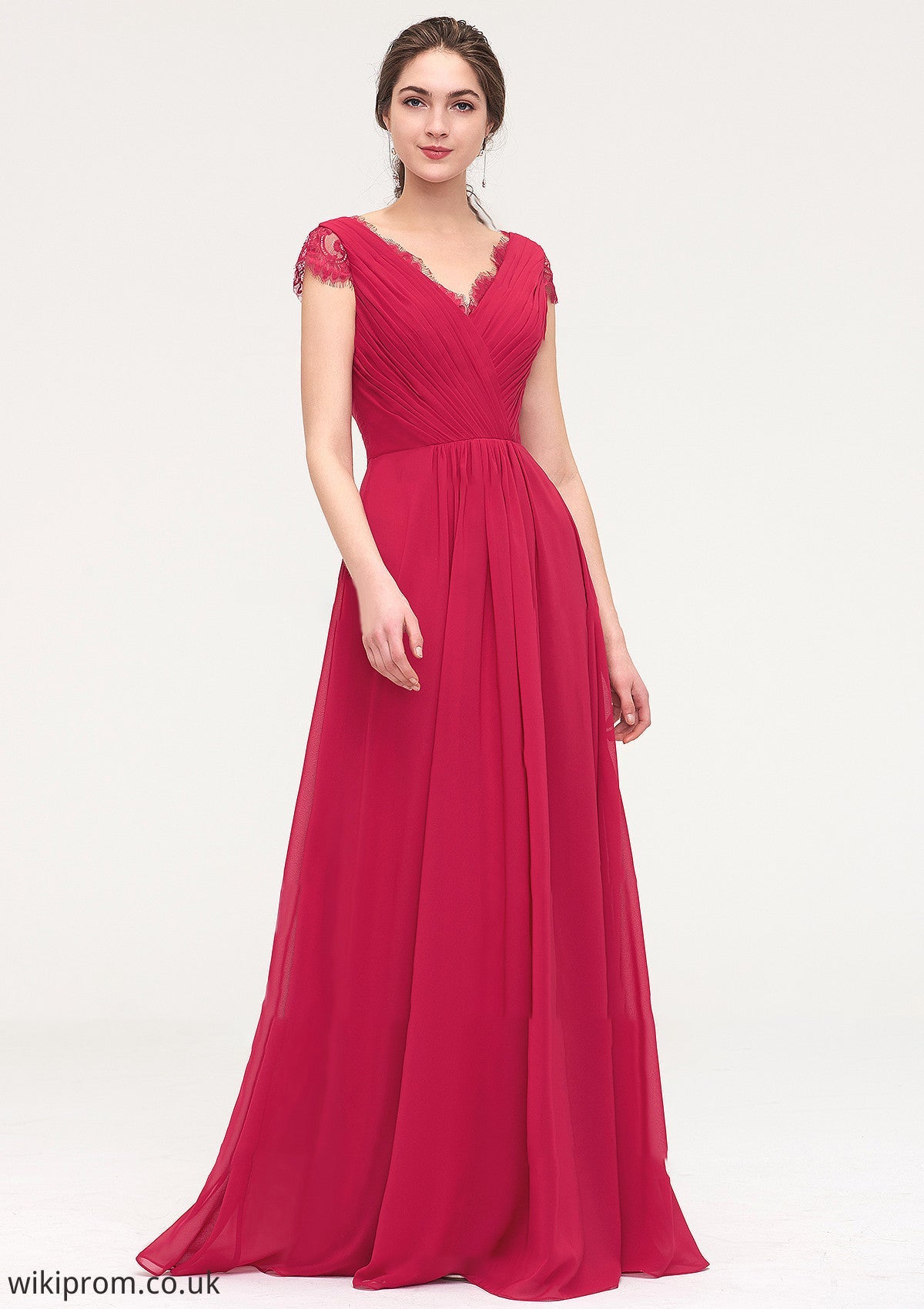 Sleeveless V Neck Long/Floor-Length Chiffon A-line/Princess Bridesmaid Dresses With Lace Pleated Amber SWKP0025486