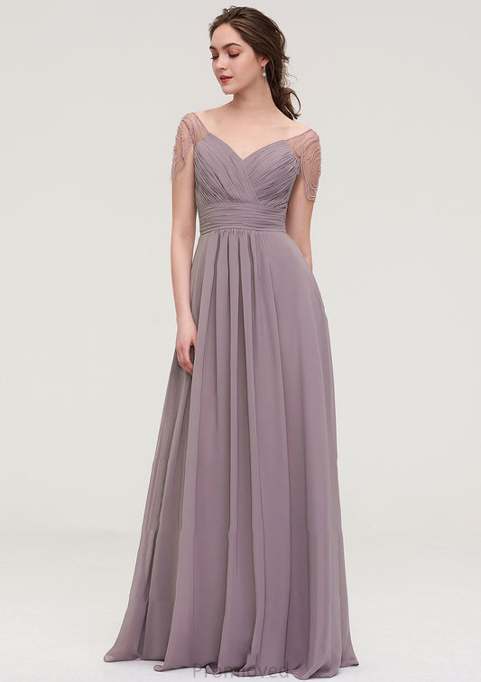 Short Sleeve Sweetheart Long/Floor-Length Chiffon A-line/Princess Bridesmaid Dresses With Pleated Beading Lilian DUP0025487