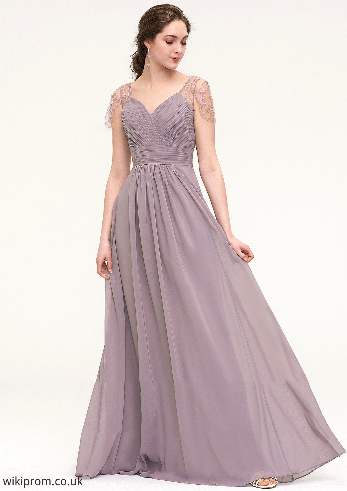 Short Sleeve Sweetheart Long/Floor-Length Chiffon A-line/Princess Bridesmaid Dresses With Pleated Beading Kamora SWKP0025487