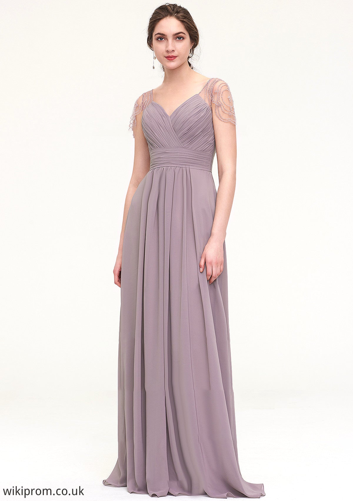 Short Sleeve Sweetheart Long/Floor-Length Chiffon A-line/Princess Bridesmaid Dresses With Pleated Beading Kamora SWKP0025487