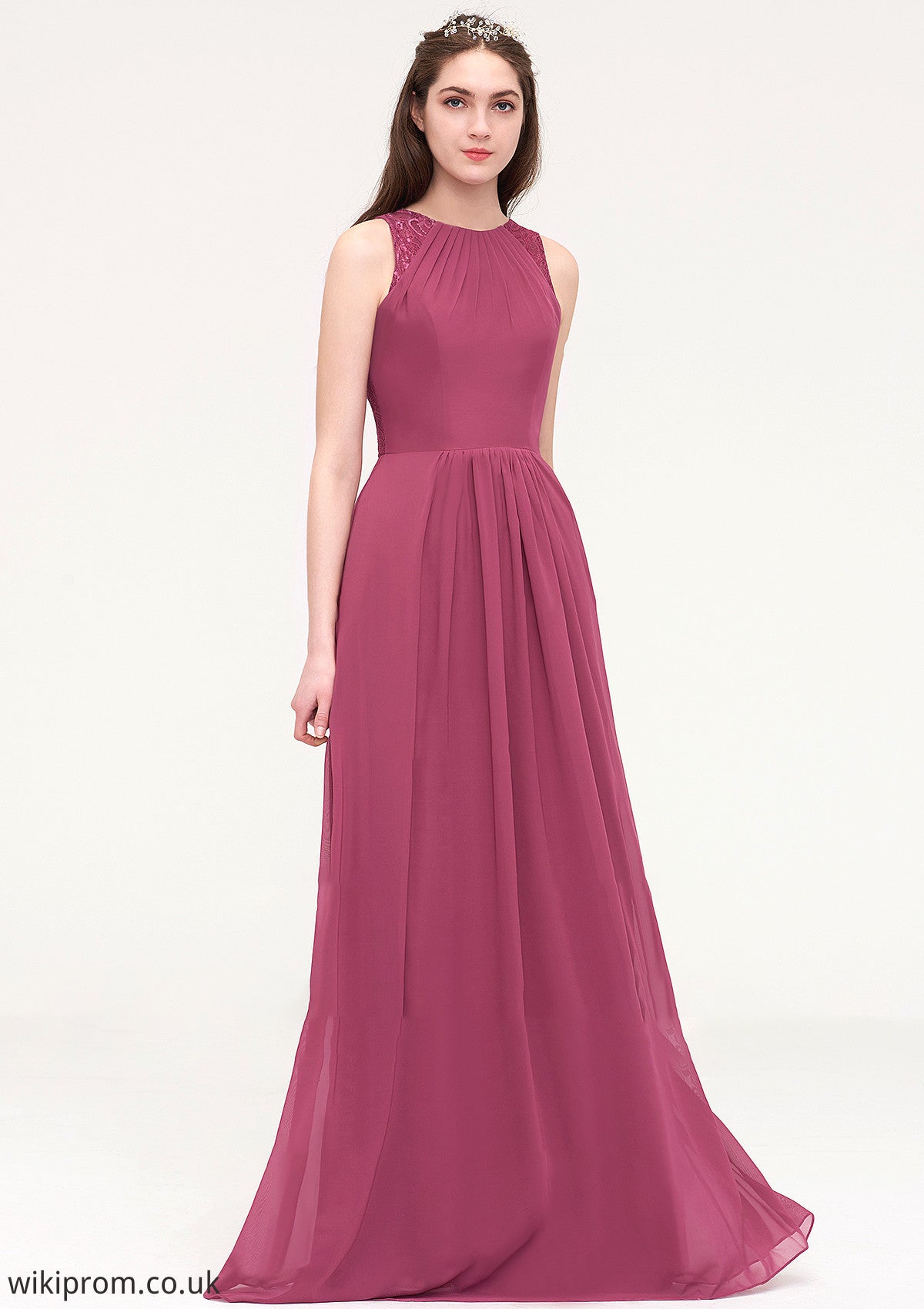 Bateau Sleeveless Long/Floor-Length Chiffon A-line/Princess Bridesmaid Dresses With Lace Pleated Dayami SWKP0025488