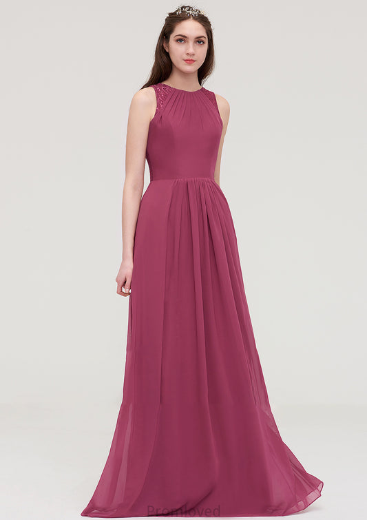 Bateau Sleeveless Long/Floor-Length Chiffon A-line/Princess Bridesmaid Dresses With Lace Pleated Makaila DUP0025488