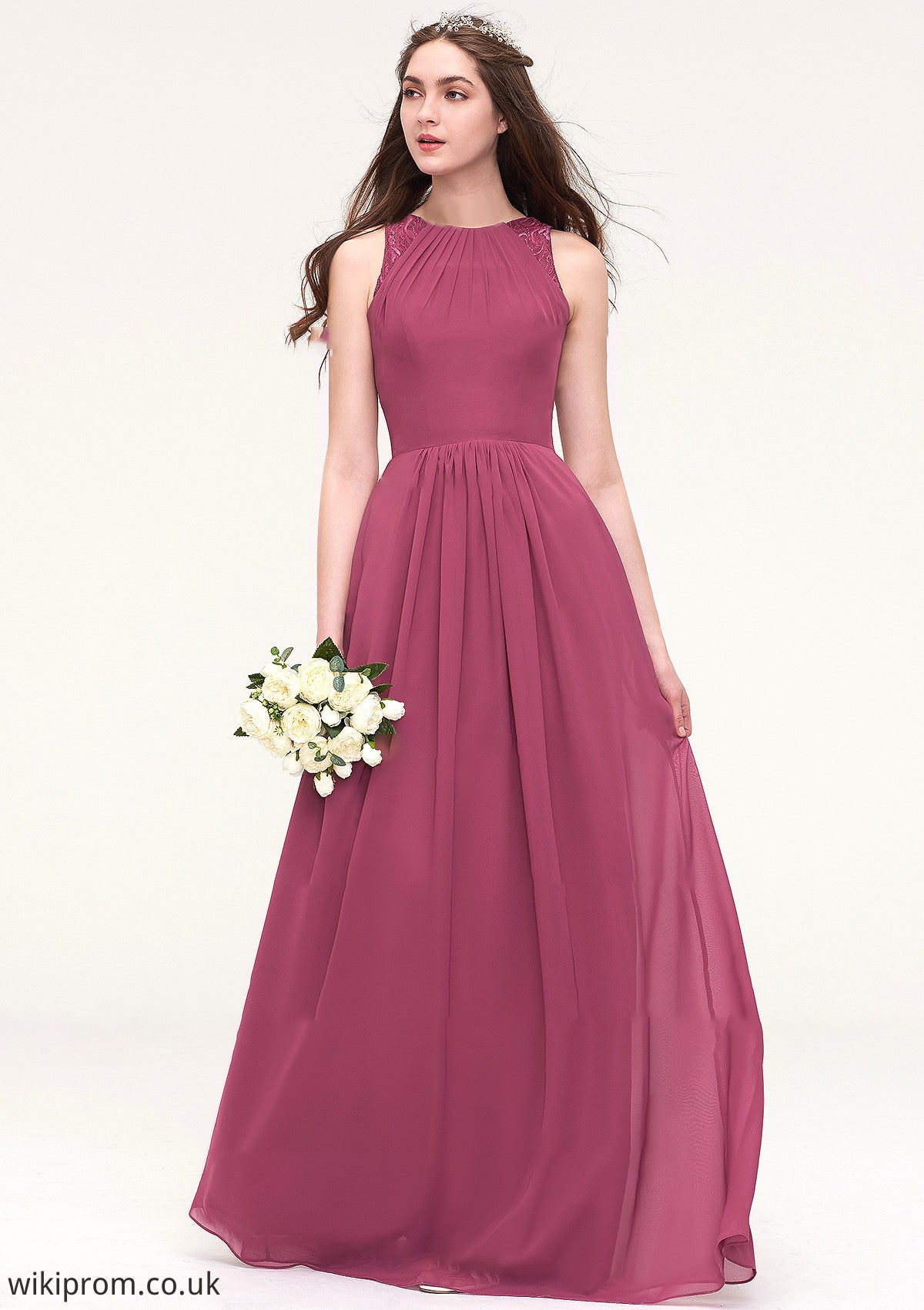 Bateau Sleeveless Long/Floor-Length Chiffon A-line/Princess Bridesmaid Dresses With Lace Pleated Dayami SWKP0025488