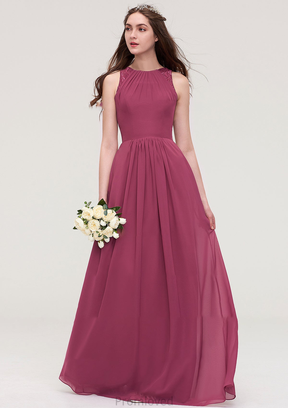 Bateau Sleeveless Long/Floor-Length Chiffon A-line/Princess Bridesmaid Dresses With Lace Pleated Makaila DUP0025488