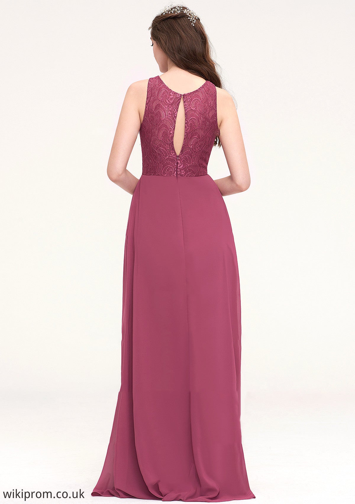 Bateau Sleeveless Long/Floor-Length Chiffon A-line/Princess Bridesmaid Dresses With Lace Pleated Dayami SWKP0025488