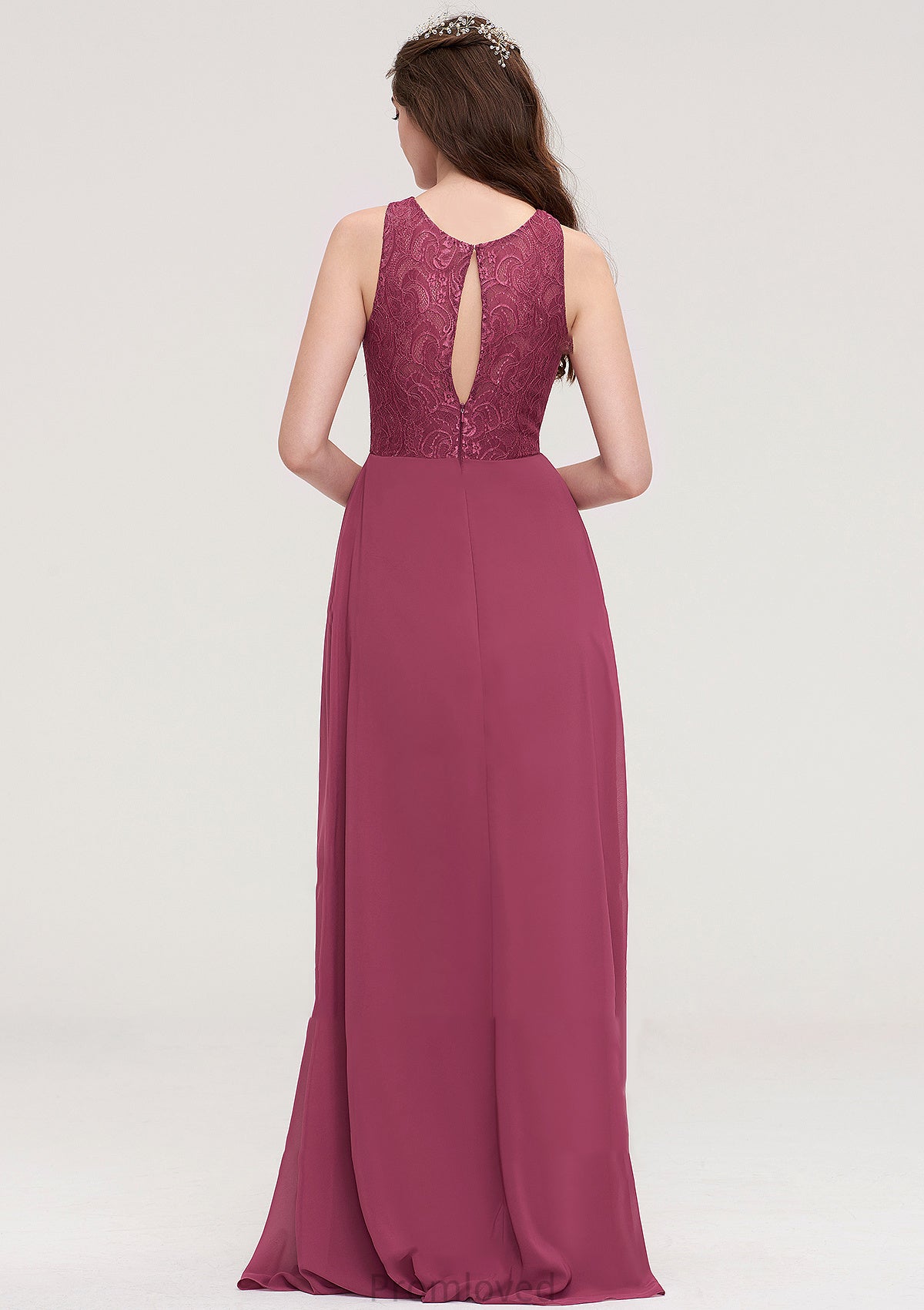 Bateau Sleeveless Long/Floor-Length Chiffon A-line/Princess Bridesmaid Dresses With Lace Pleated Makaila DUP0025488