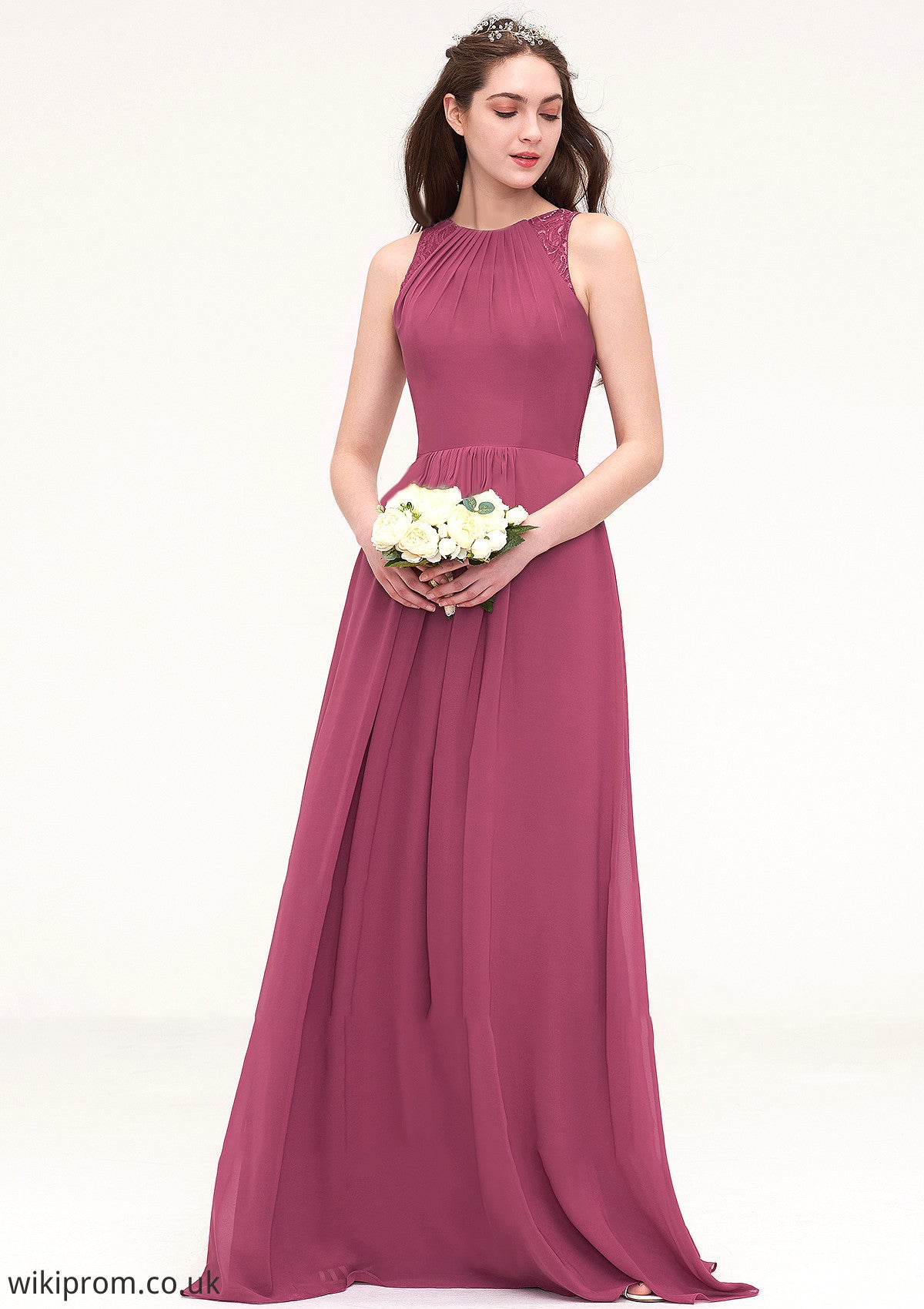 Bateau Sleeveless Long/Floor-Length Chiffon A-line/Princess Bridesmaid Dresses With Lace Pleated Dayami SWKP0025488