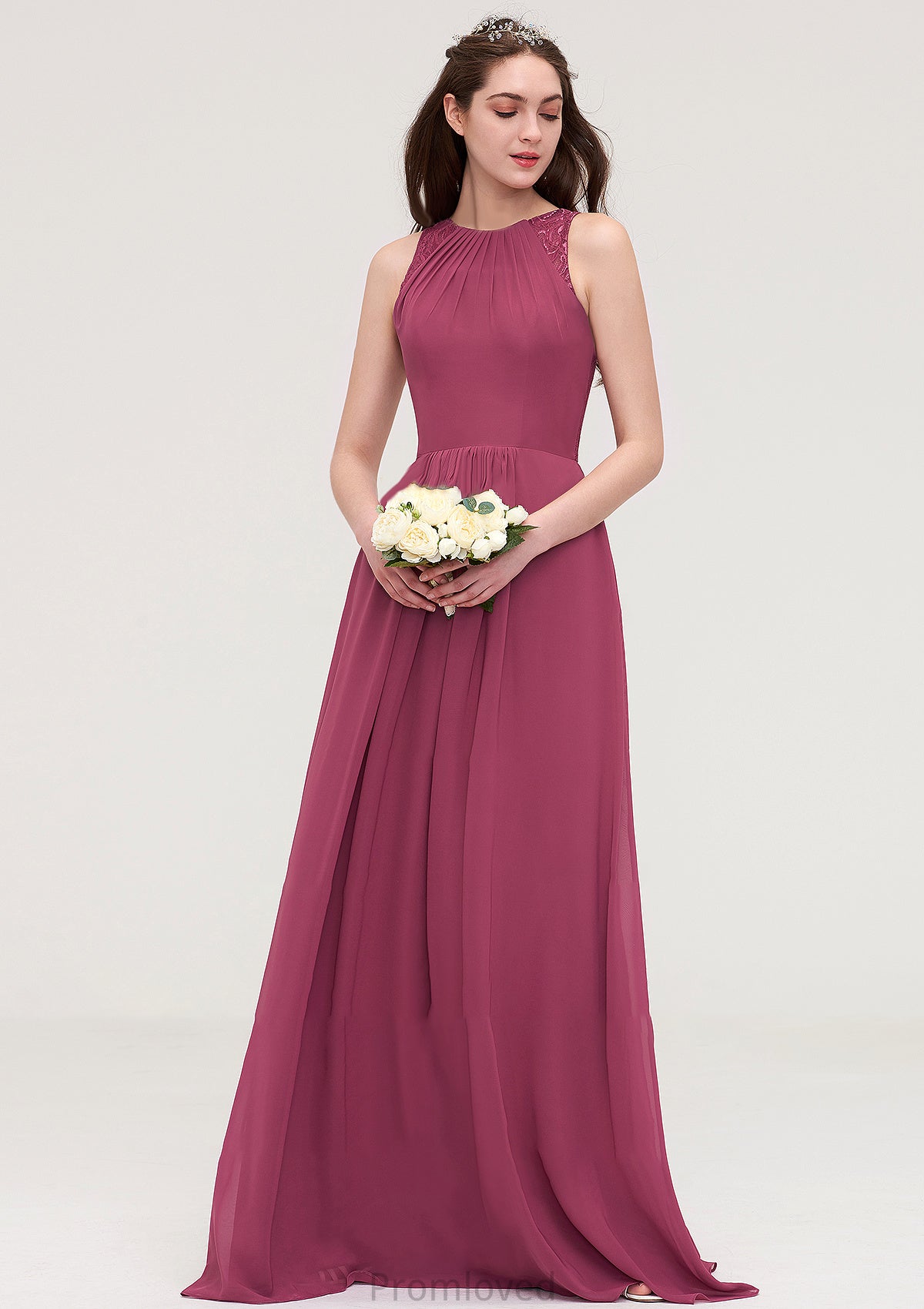 Bateau Sleeveless Long/Floor-Length Chiffon A-line/Princess Bridesmaid Dresses With Lace Pleated Makaila DUP0025488