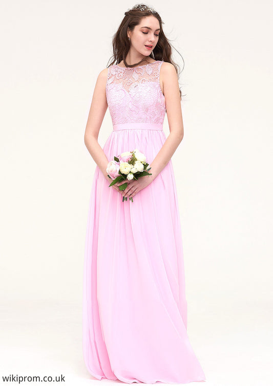 Bateau Sleeveless Long/Floor-Length Chiffon A-line/Princess Bridesmaid Dresses With Lace Barbara SWKP0025489