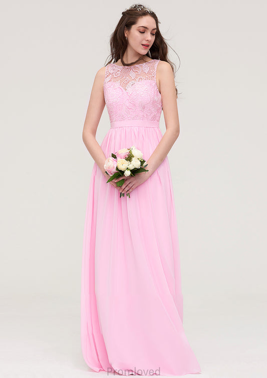 Bateau Sleeveless Long/Floor-Length Chiffon A-line/Princess Bridesmaid Dresses With Lace Kelly DUP0025489