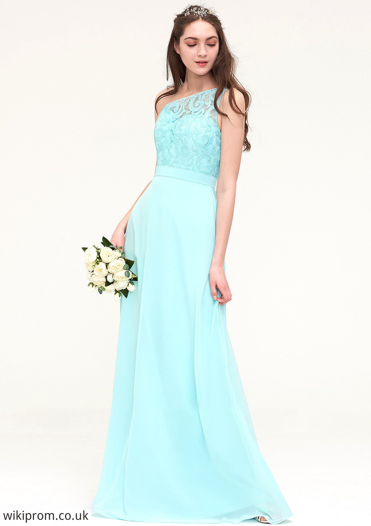 One-Shoulder Sleeveless Long/Floor-Length Chiffon A-line/Princess Bridesmaid Dresses With Lace Everly SWKP0025491