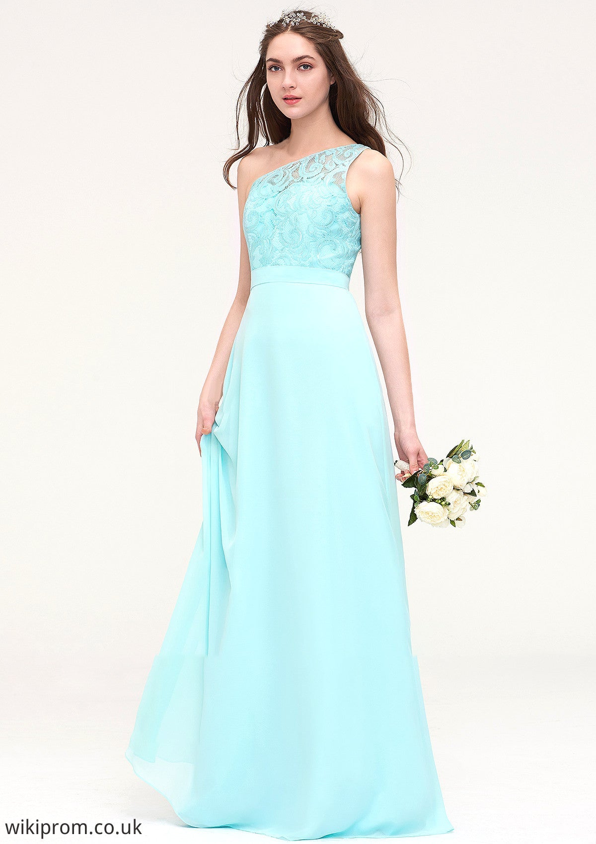 One-Shoulder Sleeveless Long/Floor-Length Chiffon A-line/Princess Bridesmaid Dresses With Lace Everly SWKP0025491