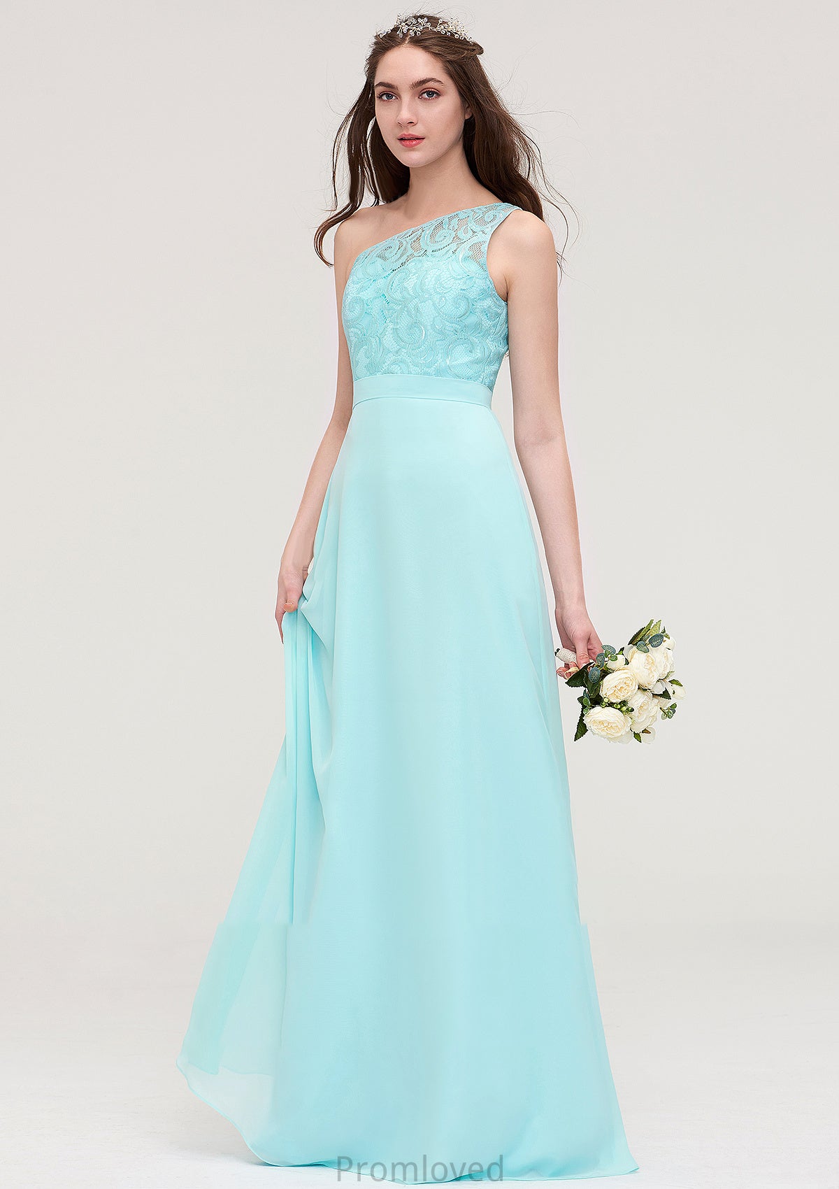 One-Shoulder Sleeveless Long/Floor-Length Chiffon A-line/Princess Bridesmaid Dresses With Lace Teresa DUP0025491