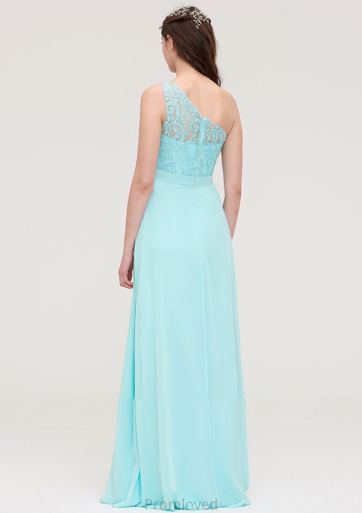 One-Shoulder Sleeveless Long/Floor-Length Chiffon A-line/Princess Bridesmaid Dresses With Lace Teresa DUP0025491