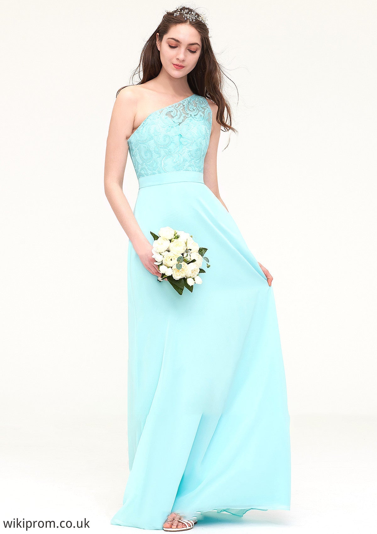 One-Shoulder Sleeveless Long/Floor-Length Chiffon A-line/Princess Bridesmaid Dresses With Lace Everly SWKP0025491