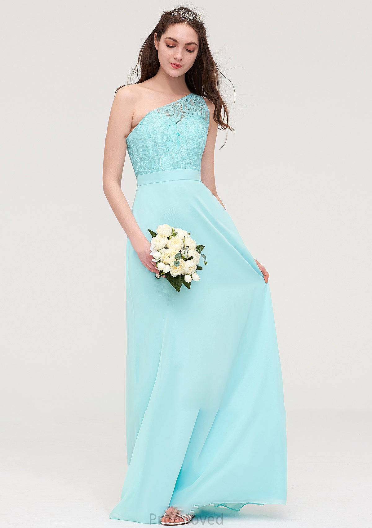 One-Shoulder Sleeveless Long/Floor-Length Chiffon A-line/Princess Bridesmaid Dresses With Lace Teresa DUP0025491