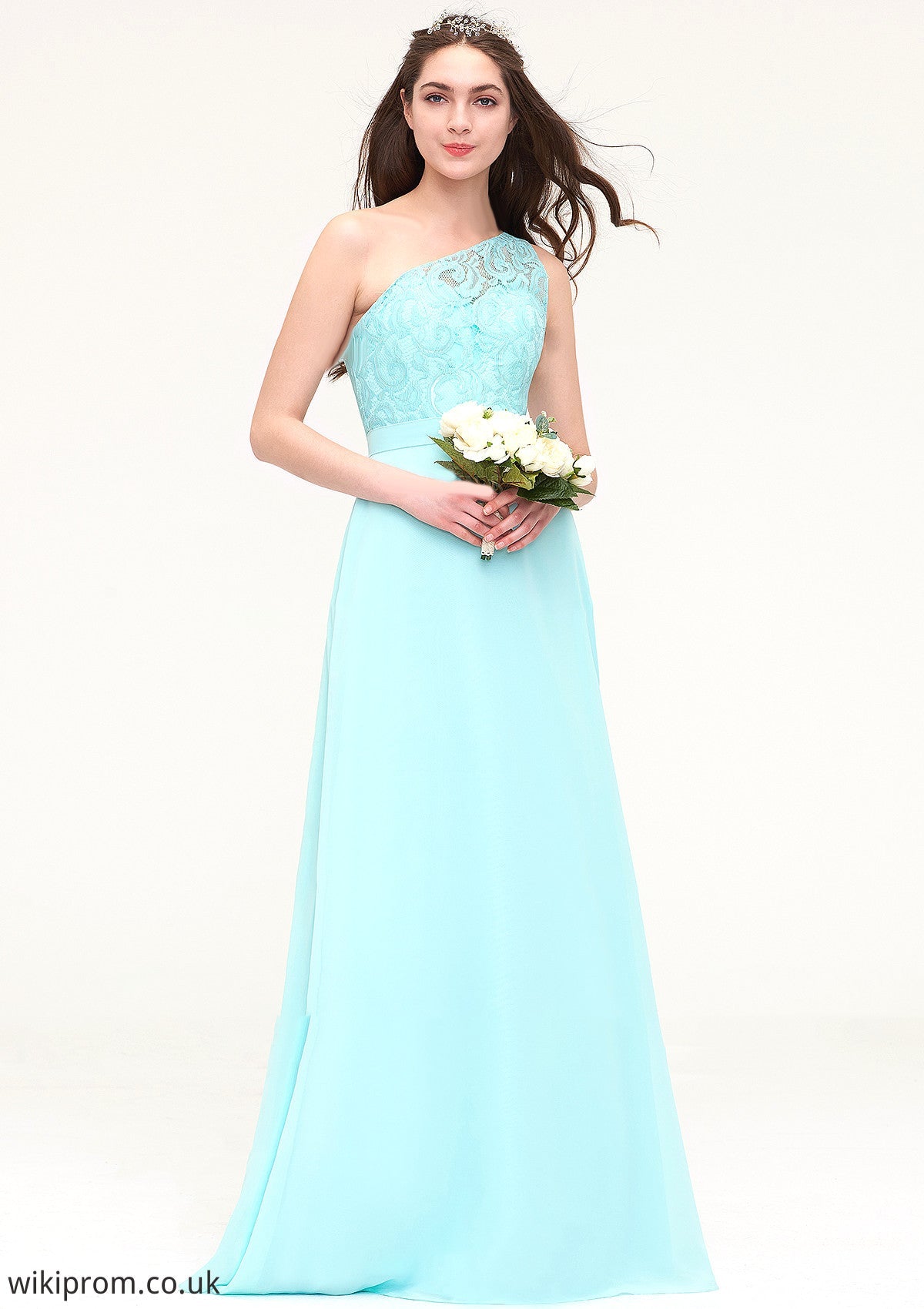 One-Shoulder Sleeveless Long/Floor-Length Chiffon A-line/Princess Bridesmaid Dresses With Lace Everly SWKP0025491