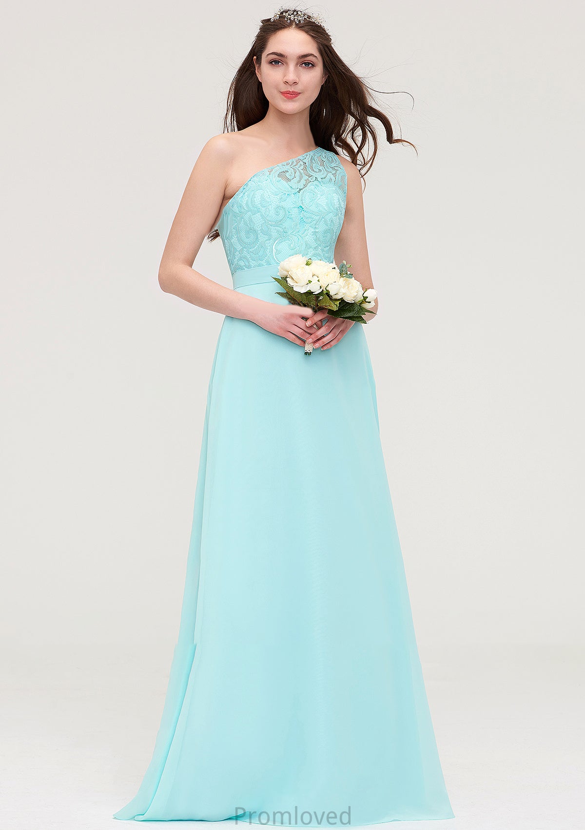 One-Shoulder Sleeveless Long/Floor-Length Chiffon A-line/Princess Bridesmaid Dresses With Lace Teresa DUP0025491