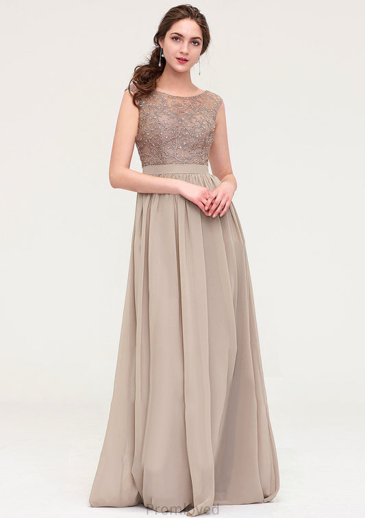 Sleeveless Scoop Neck Long/Floor-Length Chiffon A-line/Princess Bridesmaid Dresses With Sequins Beading Lace Pleated Krystal DUP0025493