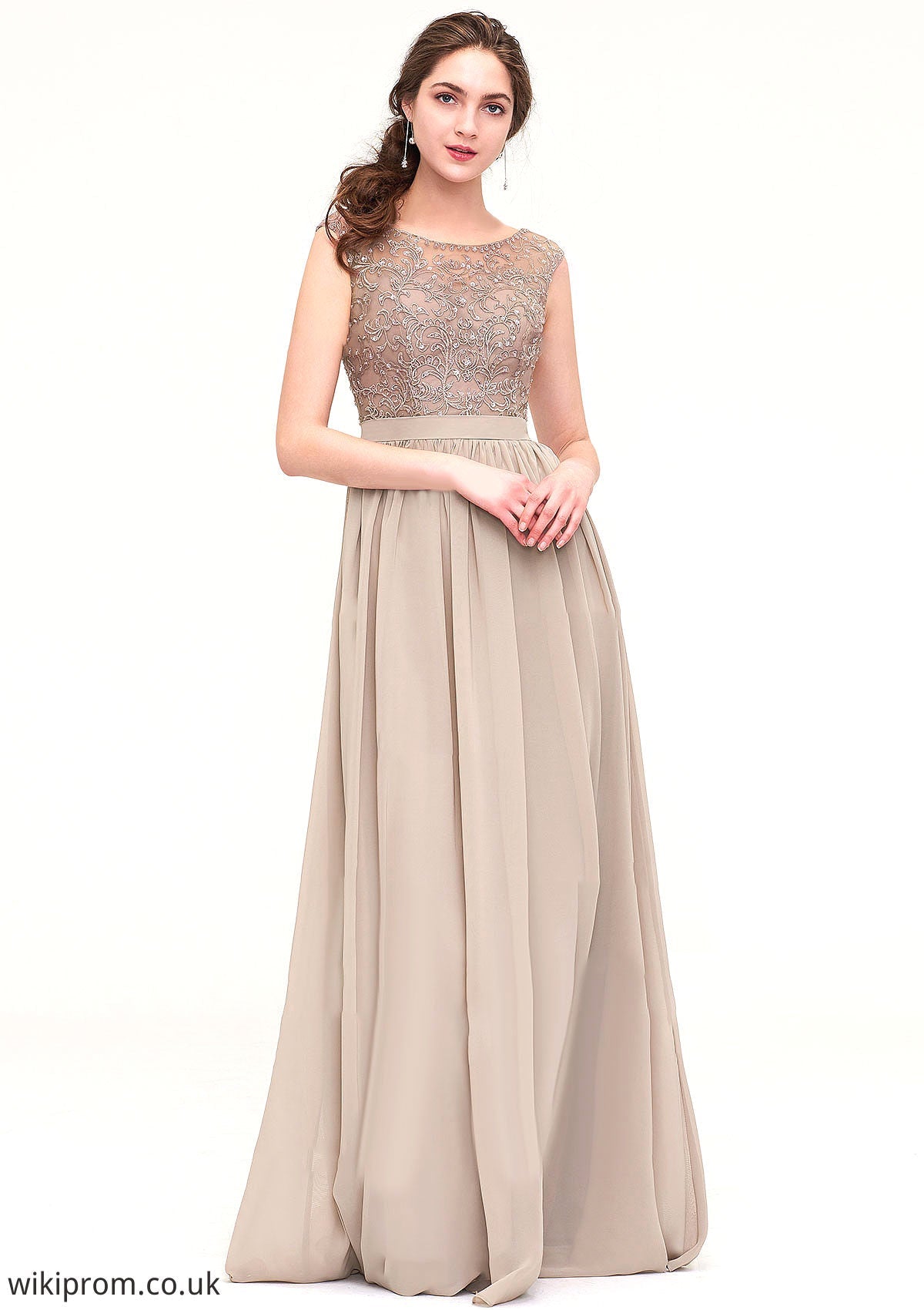 Sleeveless Scoop Neck Long/Floor-Length Chiffon A-line/Princess Bridesmaid Dresses With Sequins Beading Lace Pleated Daniella SWKP0025493