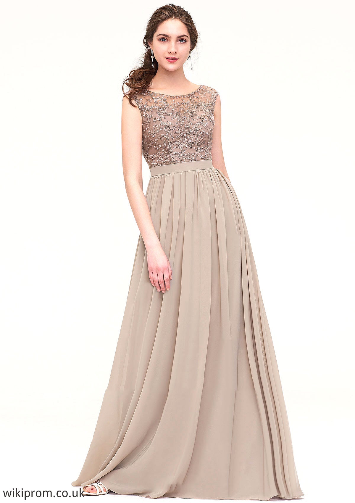 Sleeveless Scoop Neck Long/Floor-Length Chiffon A-line/Princess Bridesmaid Dresses With Sequins Beading Lace Pleated Daniella SWKP0025493