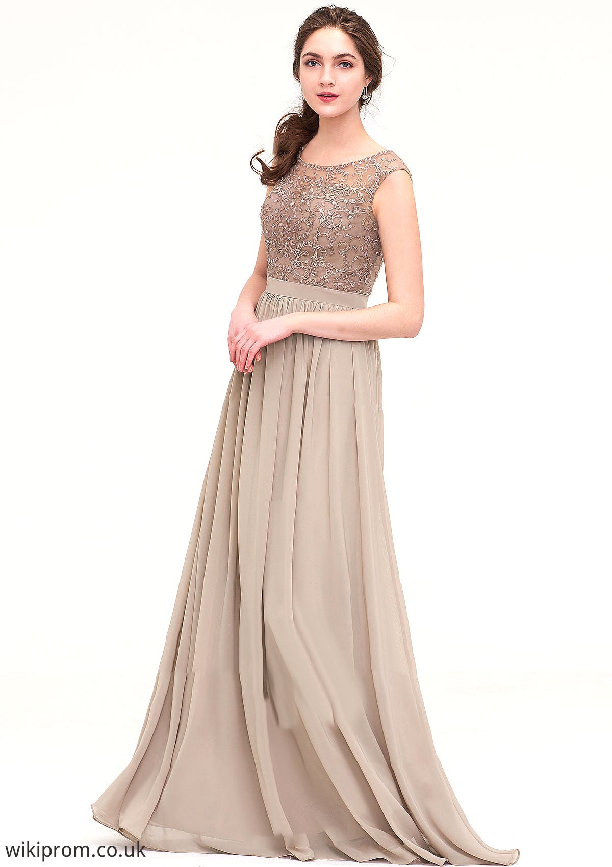 Sleeveless Scoop Neck Long/Floor-Length Chiffon A-line/Princess Bridesmaid Dresses With Sequins Beading Lace Pleated Daniella SWKP0025493