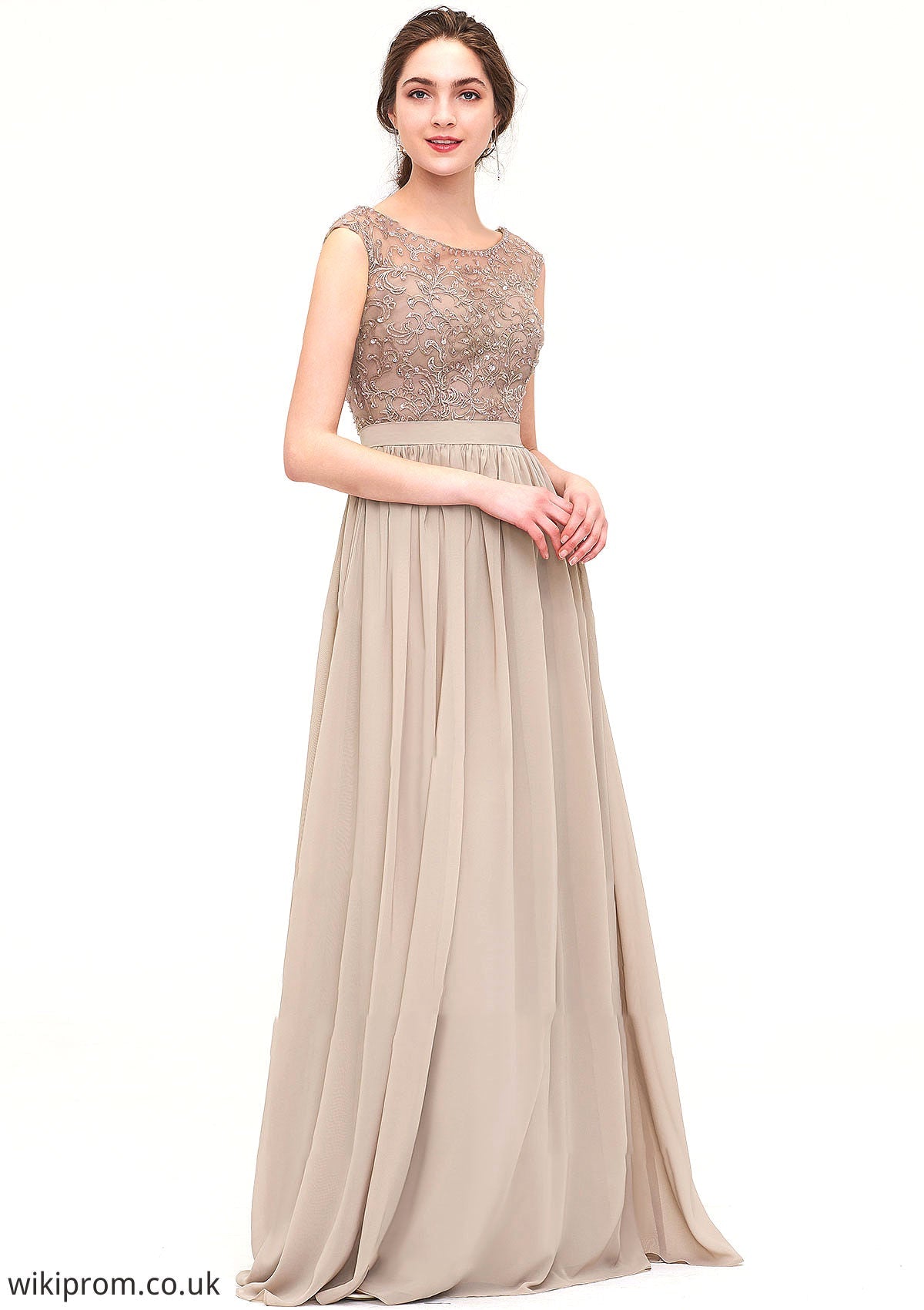 Sleeveless Scoop Neck Long/Floor-Length Chiffon A-line/Princess Bridesmaid Dresses With Sequins Beading Lace Pleated Daniella SWKP0025493