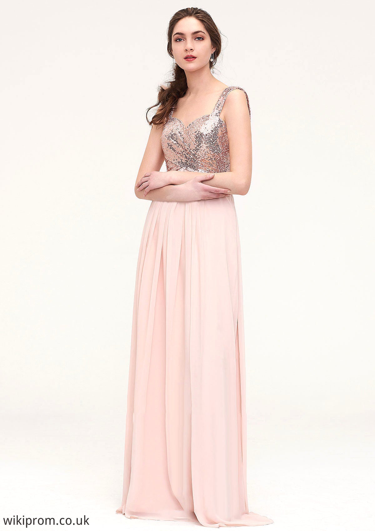 Sleeveless Long/Floor-Length Sweetheart A-line/Princess Chiffon Bridesmaid Dresses With Pleated Sequins Arely SWKP0025494