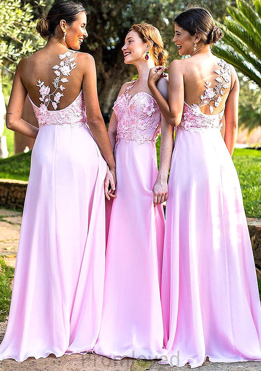 Sleeveless One-Shoulder Sweep Train A-line/Princess Chiffon Bridesmaid Dresseses With Appliqued Cornelia DUP0025506