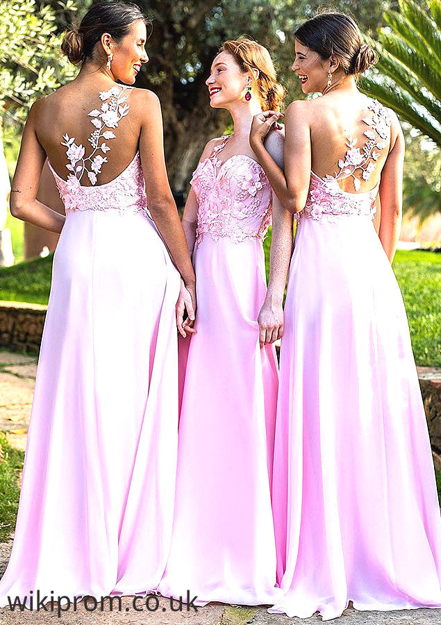 Sleeveless One-Shoulder Sweep Train A-line/Princess Chiffon Bridesmaid Dresseses With Appliqued Caroline SWKP0025506