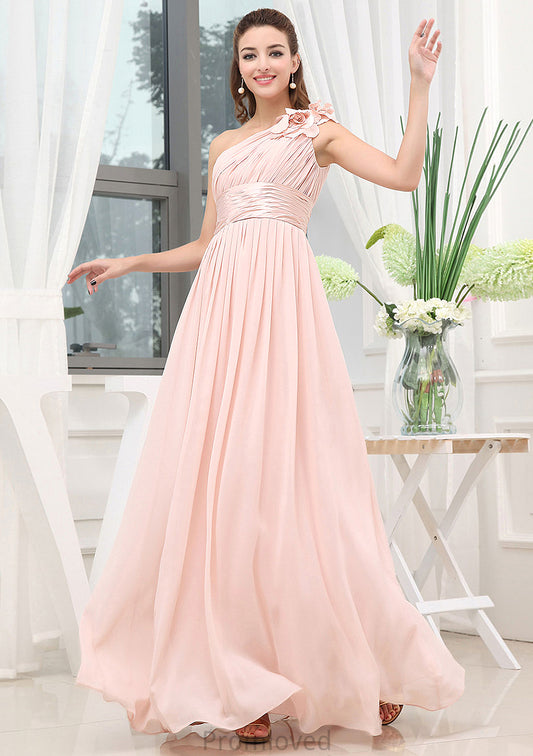 Sleeveless One-Shoulder Long/Floor-Length A-line/Princess Chiffon Bridesmaid Dresses With Pleated Shoulder Flower Una DUP0025507