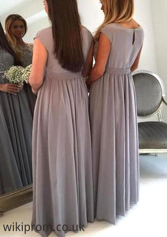 Bateau A-Line/Princess Long/Floor-Length Chiffon Bridesmaid Dresses With Appliqued Emilia SWKP0025517