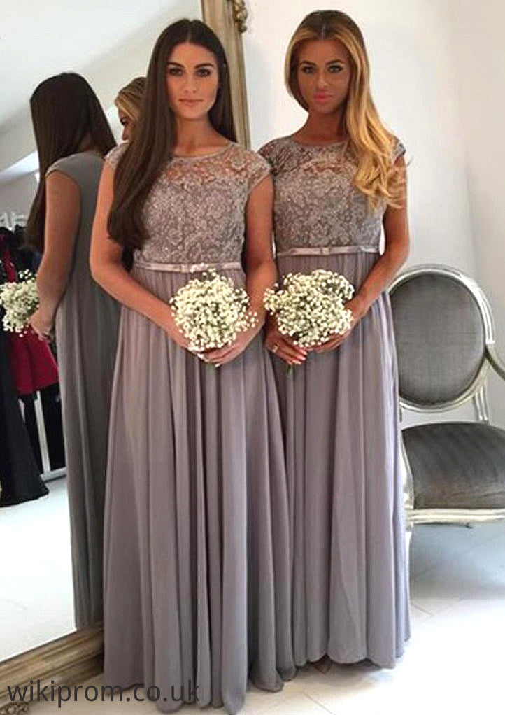 Bateau A-Line/Princess Long/Floor-Length Chiffon Bridesmaid Dresses With Appliqued Emilia SWKP0025517