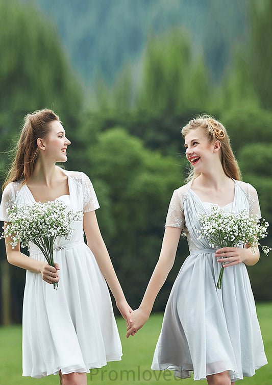 Short/Mini Scalloped Neck Short Sleeve Chiffon A-line/Princess Bridesmaid Dresseses With Lace Michaelia DUP0025520