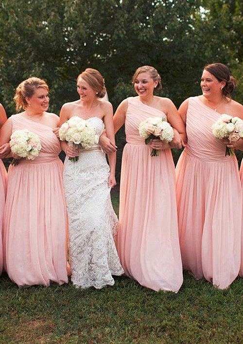 One-Shoulder A-Line/Princess Long/Floor-Length Chiffon Bridesmaid Dresses With Pleated Kathleen DUP0025529