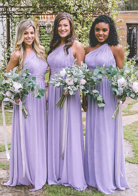 One-Shoulder A-Line/Princess Long/Floor-Length Chiffon Bridesmaid Dresses With Pleated Kinsley DUP0025544