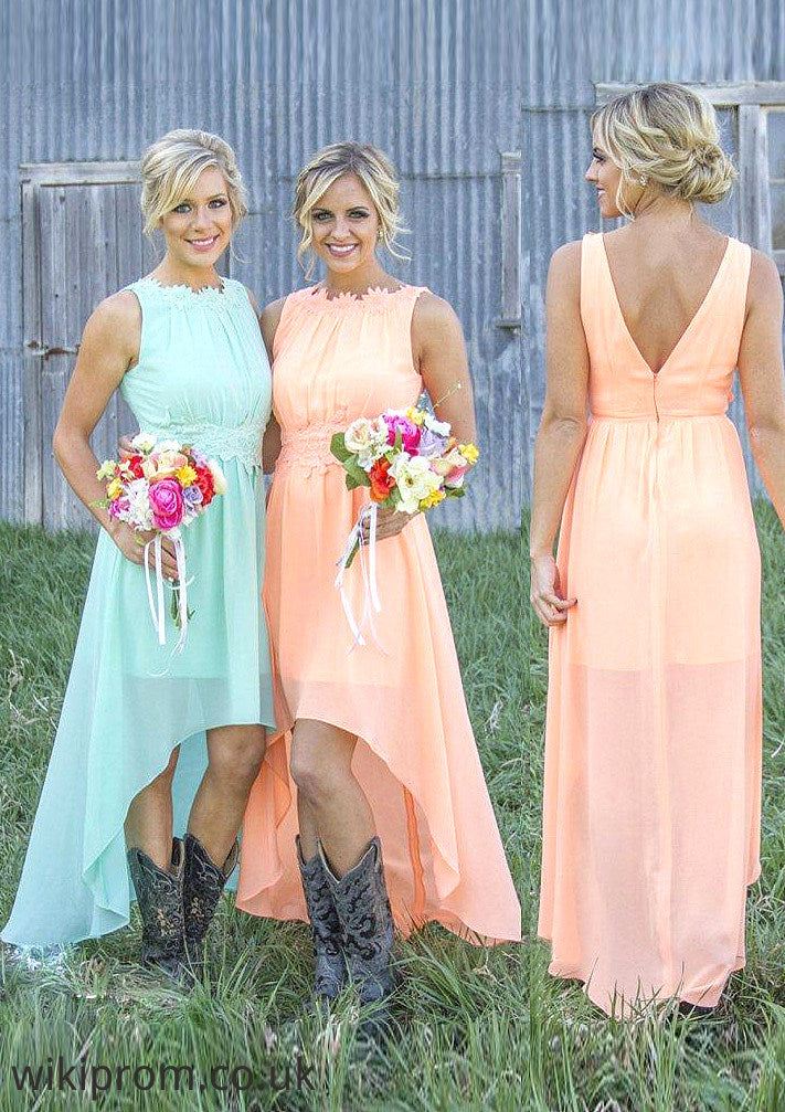 Sleeveless Bateau Asymmetrical A-Line/Princess Chiffon Bridesmaid Dresses With Appliqued Janiah SWKP0025549