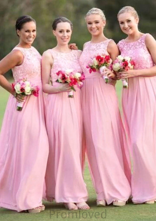 A-Line/Princess Bateau Long/Floor-Length Chiffon Bridesmaid Dresses With Lace Princess DUP0025552