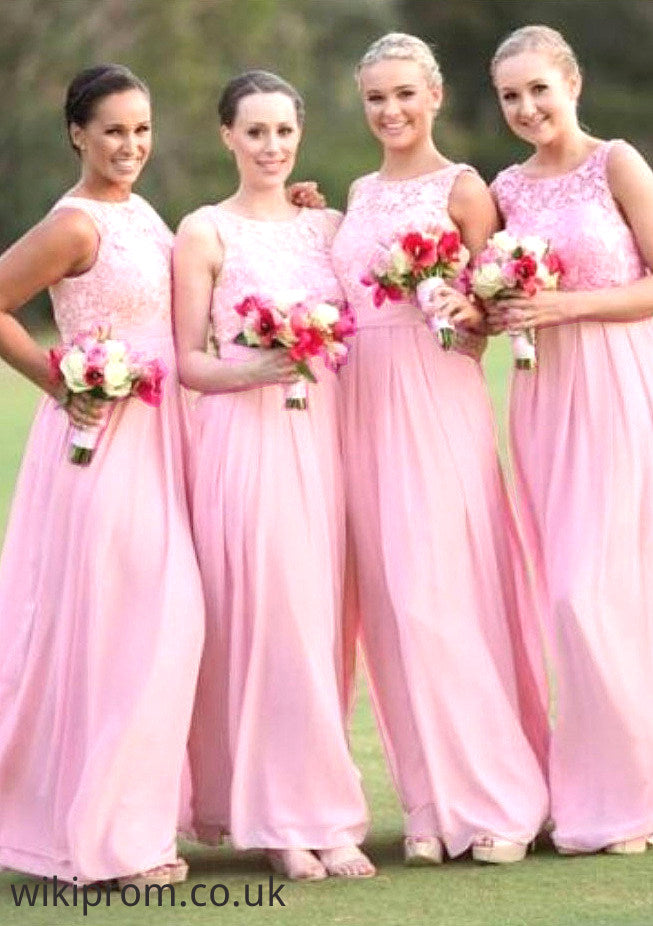 A-Line/Princess Bateau Long/Floor-Length Chiffon Bridesmaid Dresses With Lace Chaya SWKP0025552