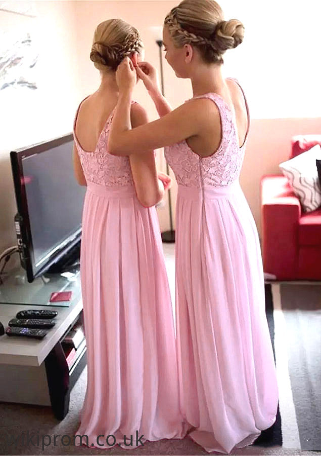 A-Line/Princess Bateau Long/Floor-Length Chiffon Bridesmaid Dresses With Lace Chaya SWKP0025552