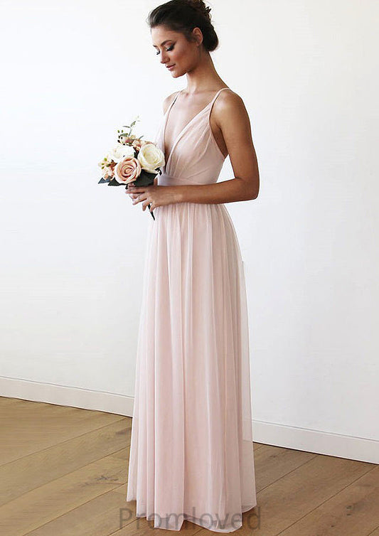 Spaghetti Straps Sleeveless V Neck Long/Floor-Length Chiffon Bridesmaid Dresses With Pleated Elisa DUP0025561