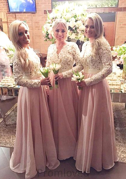 Full/Long Sleeve Scalloped Neck A-line/Princess Chiffon Long/Floor-Length Bridesmaid Dresseses With Beading Lace Isabel DUP0025602