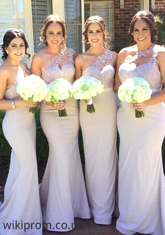 Sleeveless One-Shoulder Long/Floor-Length Trumpet/Mermaid Elastic Satin Bridesmaid Dresseses With Lace Jaslyn SWKP0025605