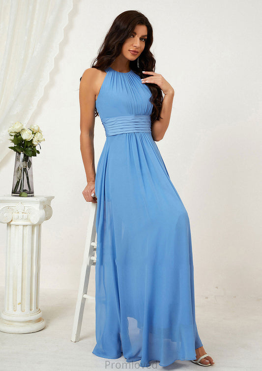 A-line Halter Sleeveless Chiffon Long/Floor-Length Bridesmaid Dresses With Pleated Zaniyah DUP0025610